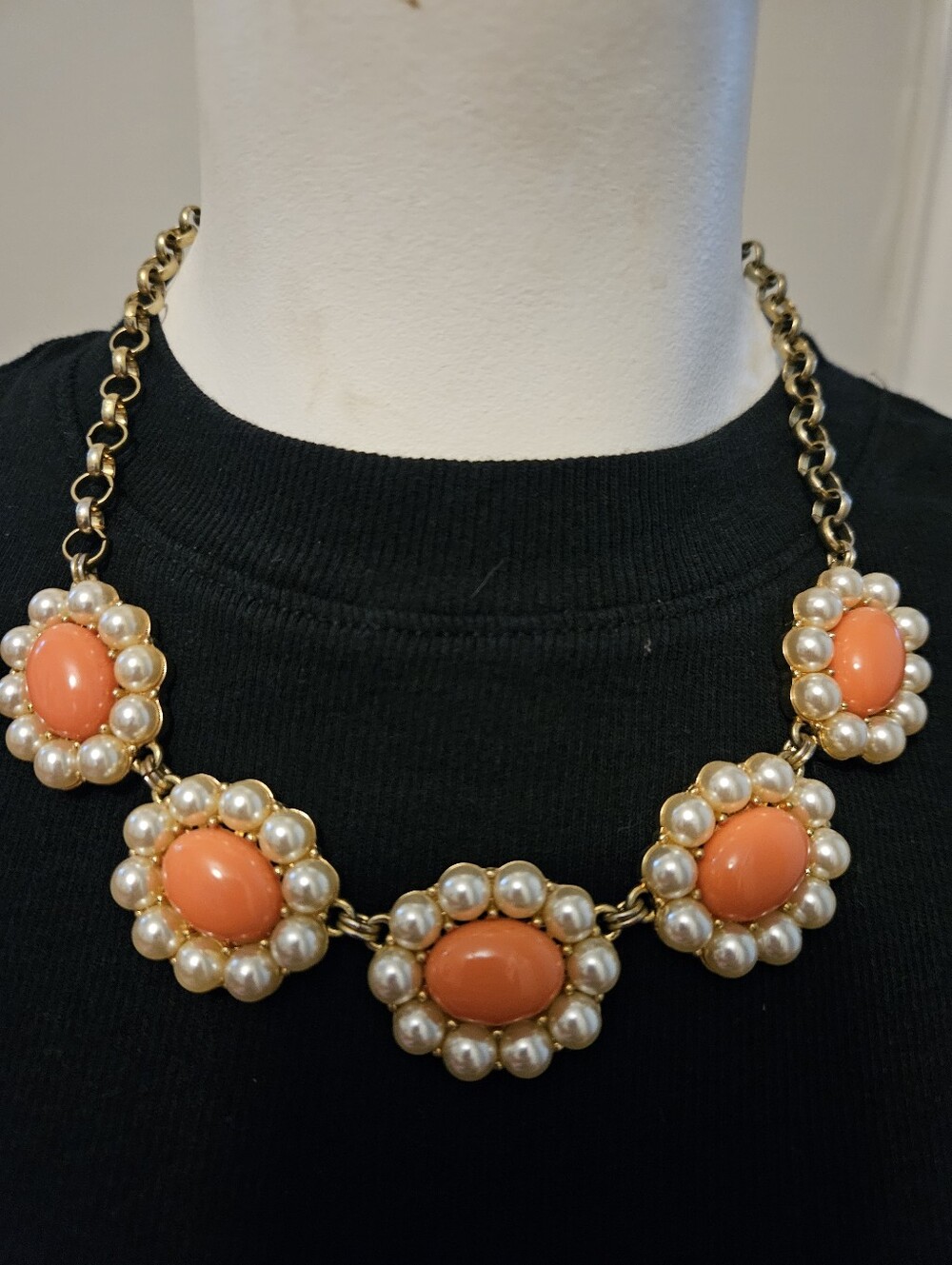 Vintage Necklace  * Faux Pearl Orange Cabochon * Costume * Statement * Classic